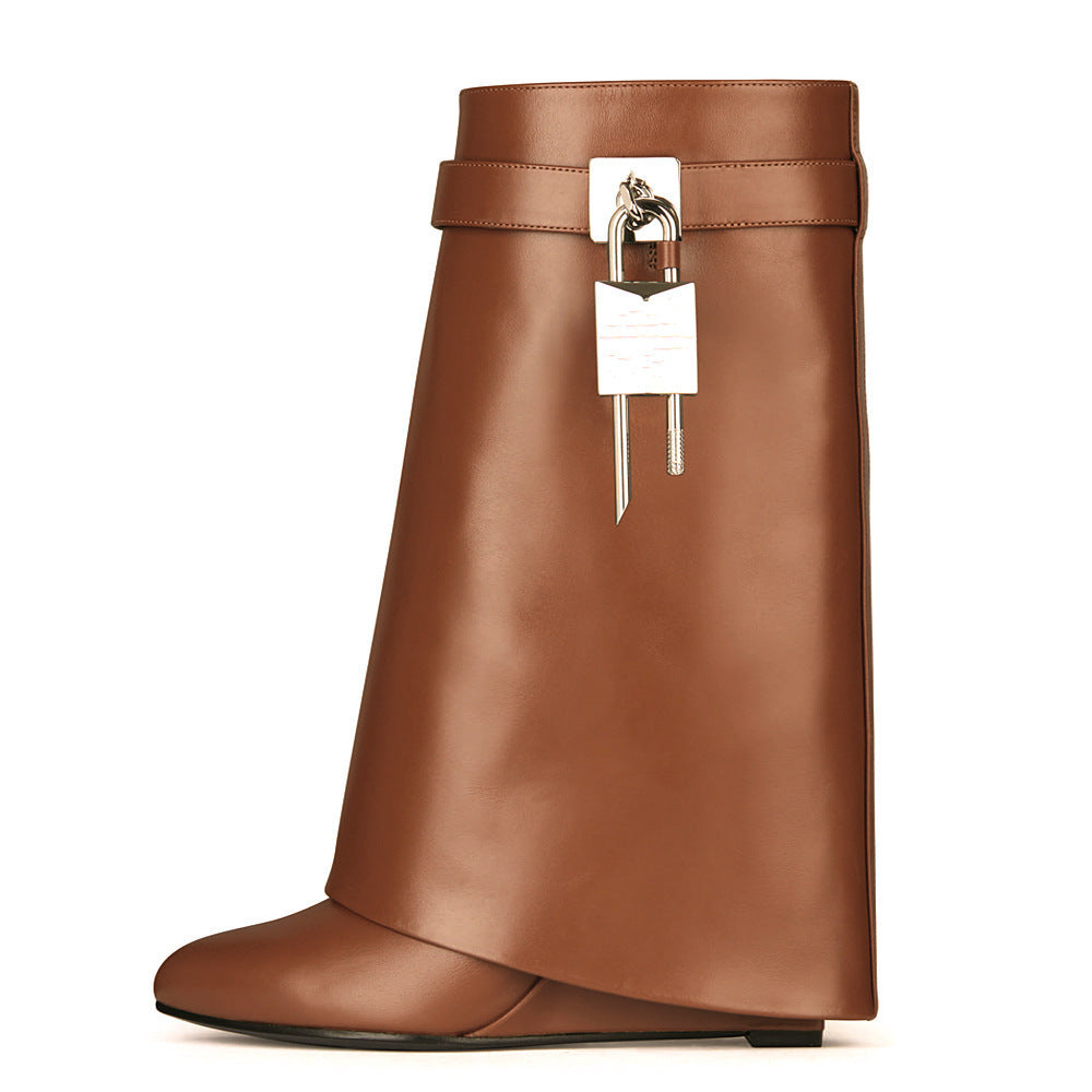 Women's Fashion Slope Heel Round Head Leather Surface High Heel Zipper Short Boots