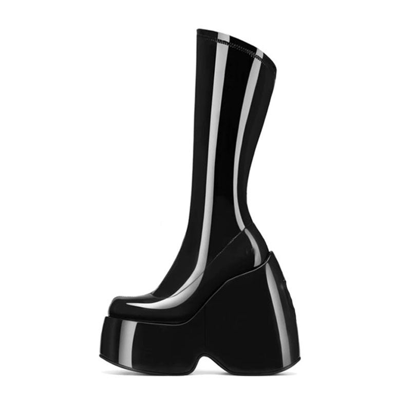 Women's Fashion Platform Muffin Heel Square Toe Casual Side Zipper Booties