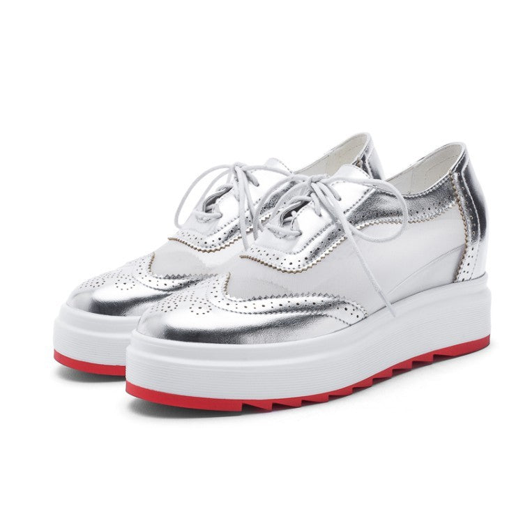British Style Sequined Lace-up Wedge Shoes