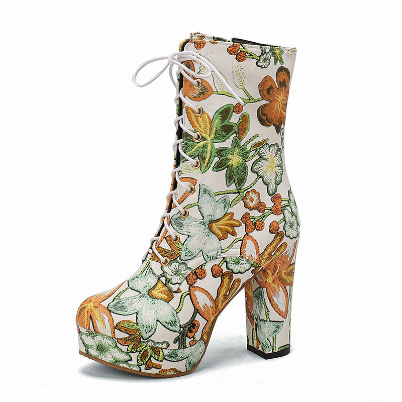 Europe And America Bohemia Lace Up Platform High Heel Women's Boots