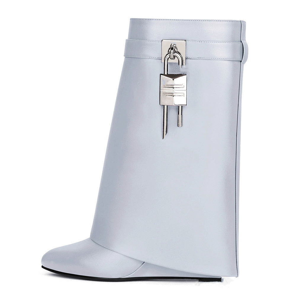 Women's Fashion Slope Heel Round Head Leather Surface High Heel Zipper Short Boots