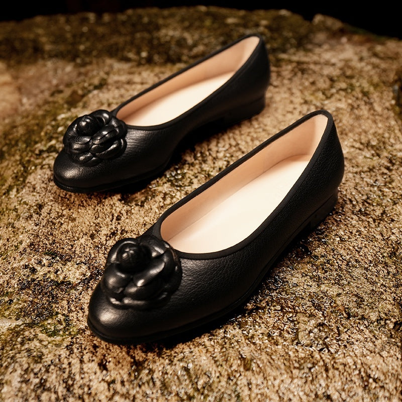 Flat Bottom Round Head Genuine Leather Pumps Female Comfortable Low Heel