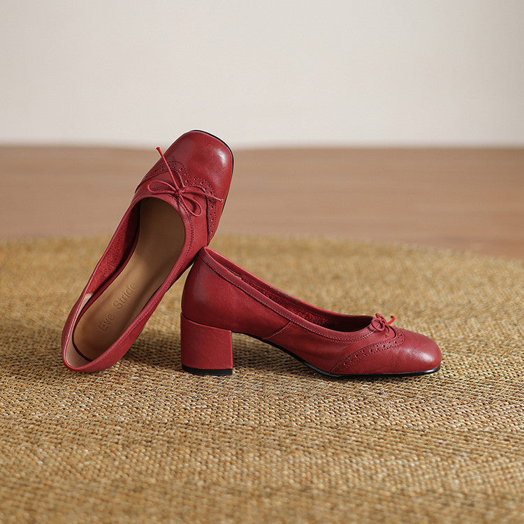 Women's Round Toe Shallow Mouth Gentle Bow Mid Heel Leather Shoes