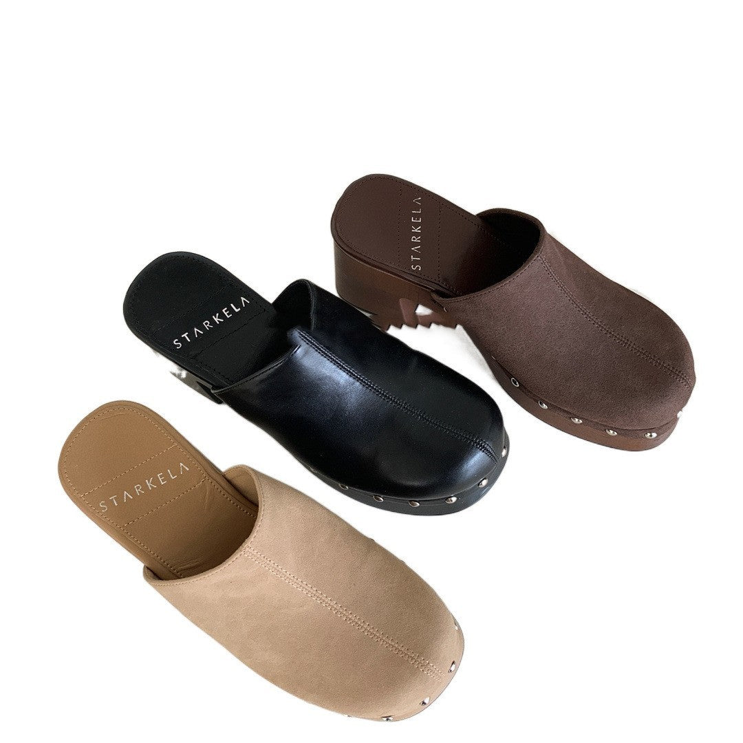 Deep Mouth Thick High Heel Matte Leather Rivet Fashion Closed Toe Half Slippers
