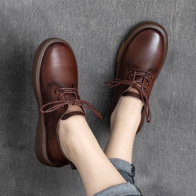 British Cowhide Lace Up Round Toe Thick Bottom Soft Sole Shoes