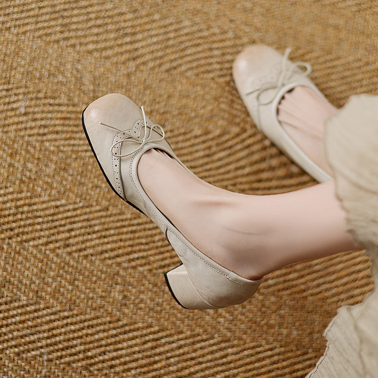Women's Round Toe Shallow Mouth Gentle Bow Mid Heel Leather Shoes