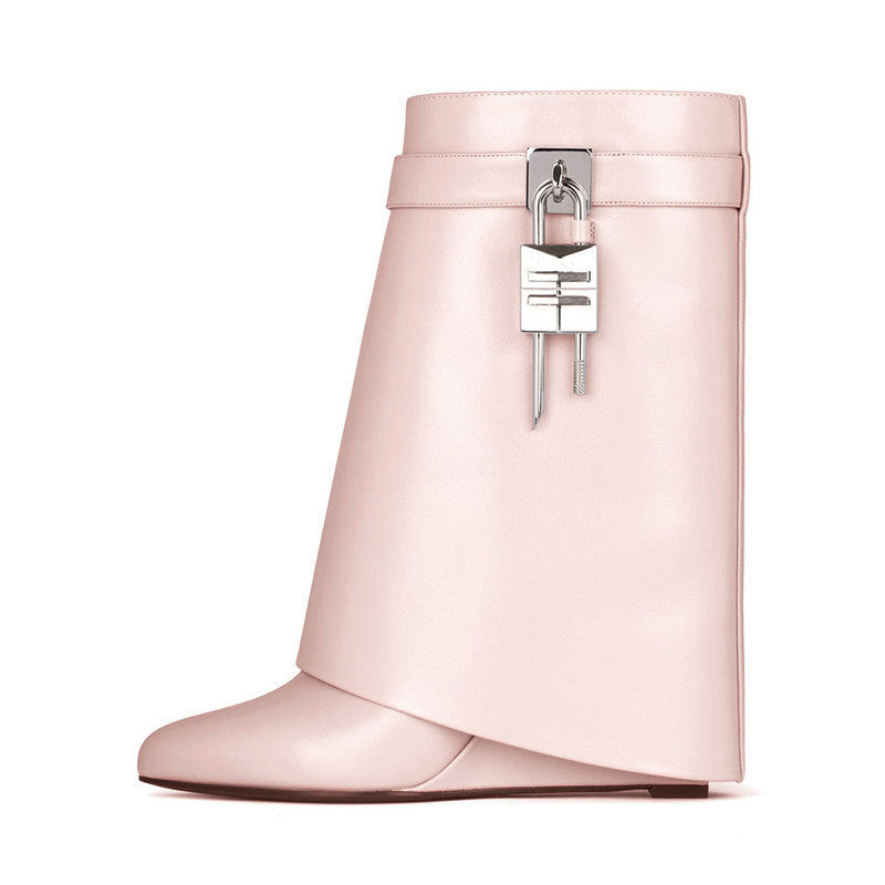 Women's Fashion Slope Heel Round Head Leather Surface High Heel Zipper Short Boots