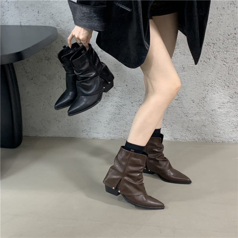 Chunky Heel Pointed Pants Fried Street Small Women's Western Denim Boots