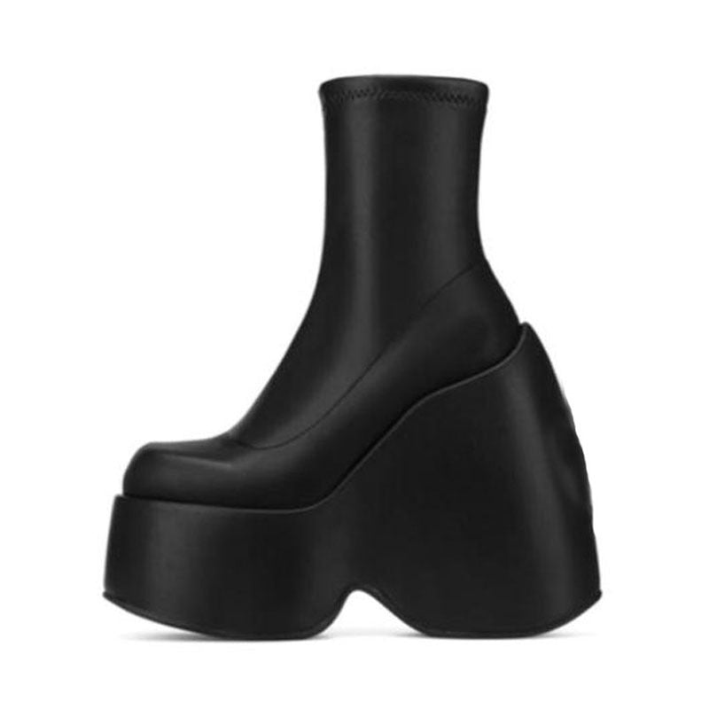 Women's Fashion Platform Muffin Heel Square Toe Casual Side Zipper Booties