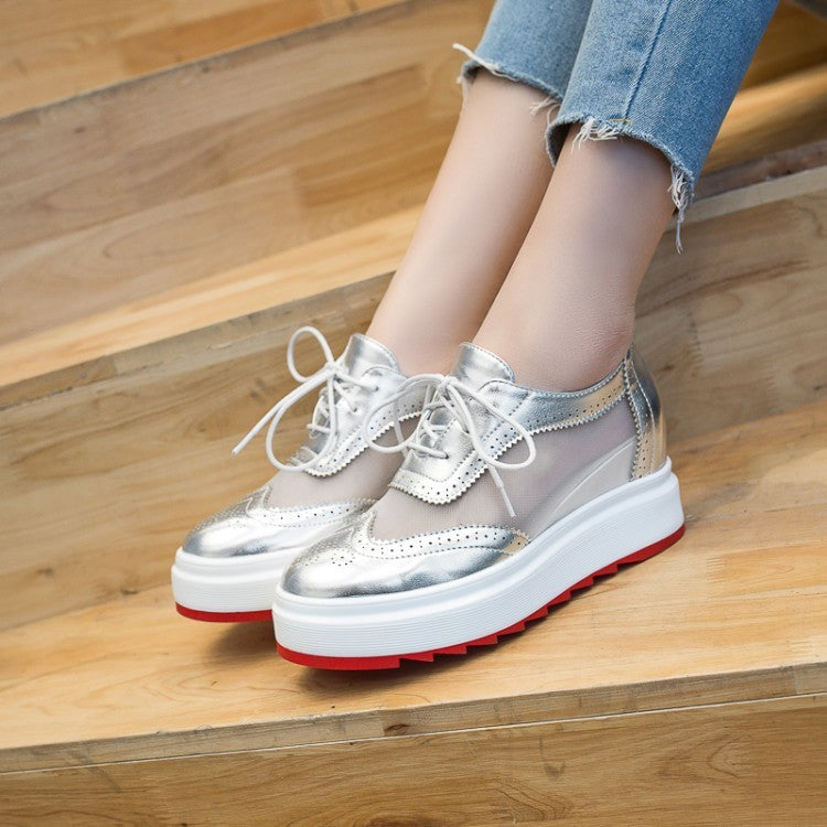British Style Sequined Lace-up Wedge Shoes