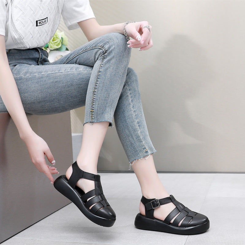 Cowhide Platform Retro Wedge Strap Roman Sandals