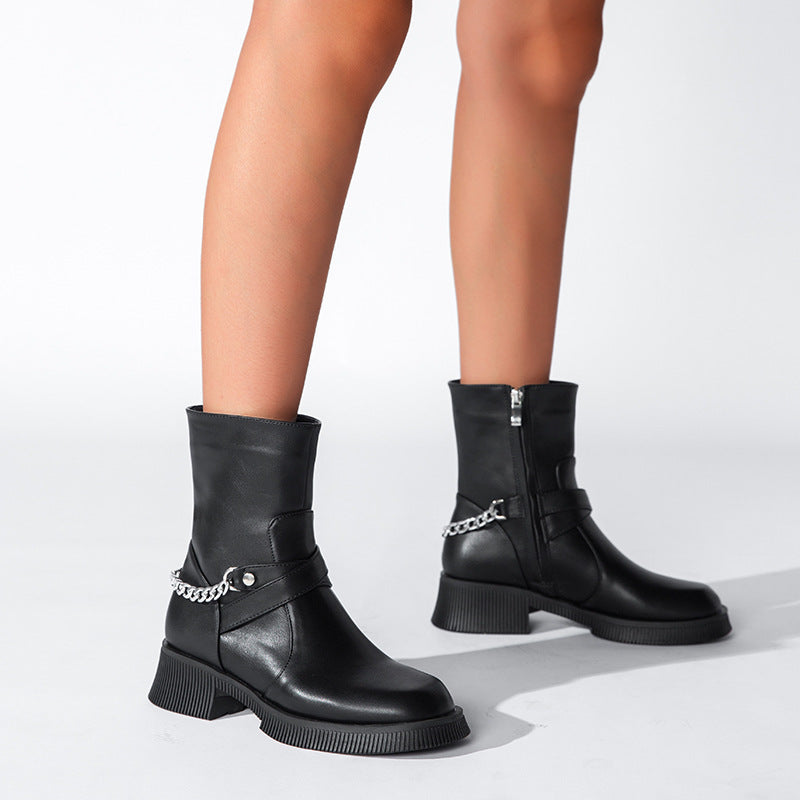 Women's Thick Bottom Cowhide Autumn And Winter Mid-tube British Style Martin Boots