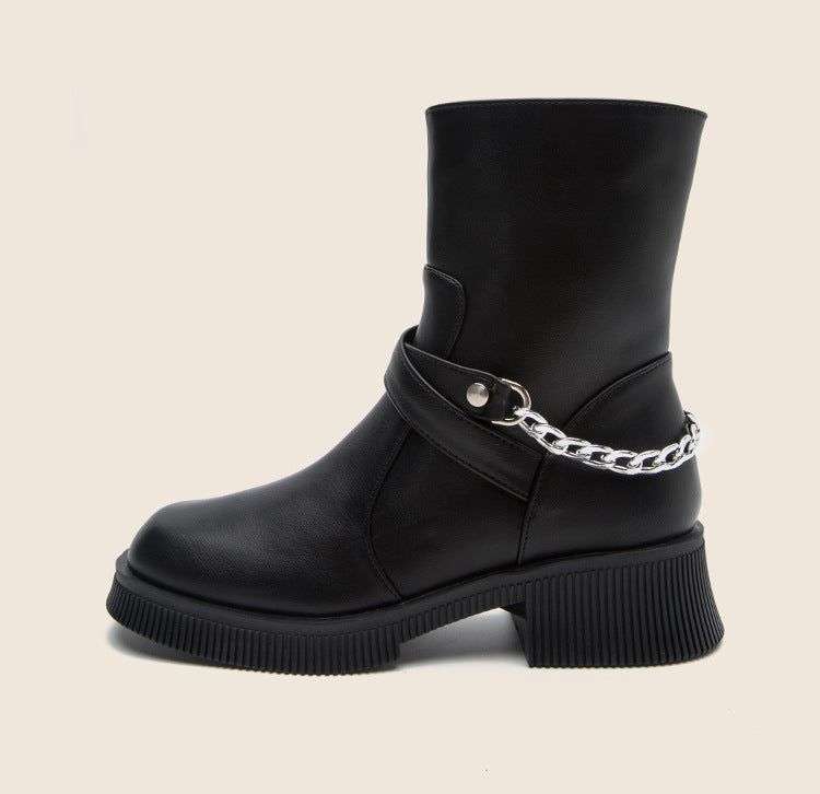 Women's Thick Bottom Cowhide Autumn And Winter Mid-tube British Style Martin Boots