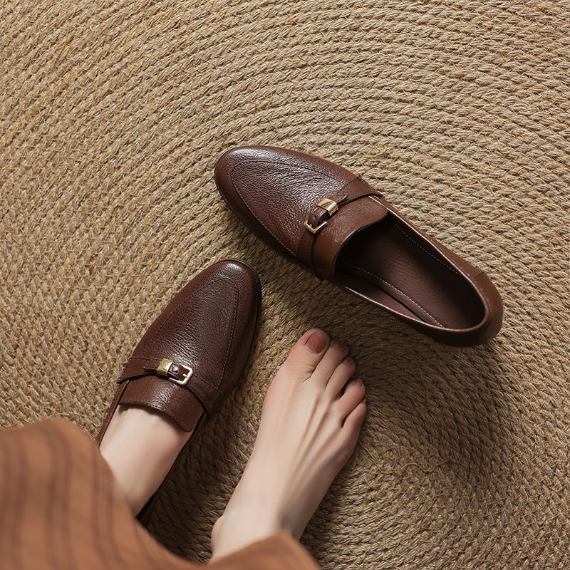 Women's Simple Retro Round Toe Sheepskin Chunky Heel Pumps