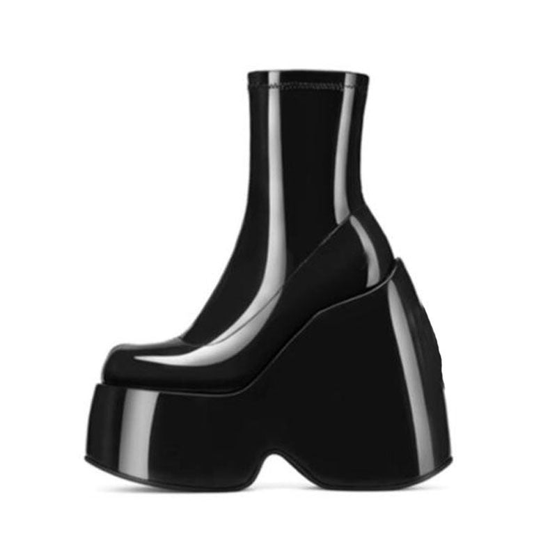 Women's Fashion Platform Muffin Heel Square Toe Casual Side Zipper Booties