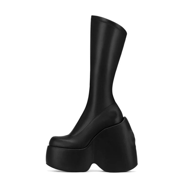 Women's Fashion Platform Muffin Heel Square Toe Casual Side Zipper Booties