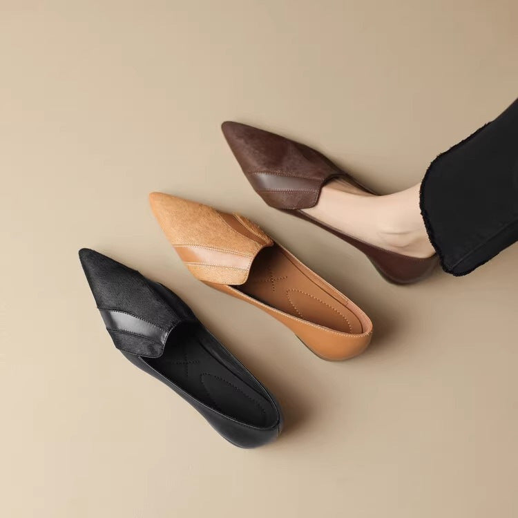 Women's Fashion Simple Soft Leather Stitching Pointed Toe Low-cut Shoes