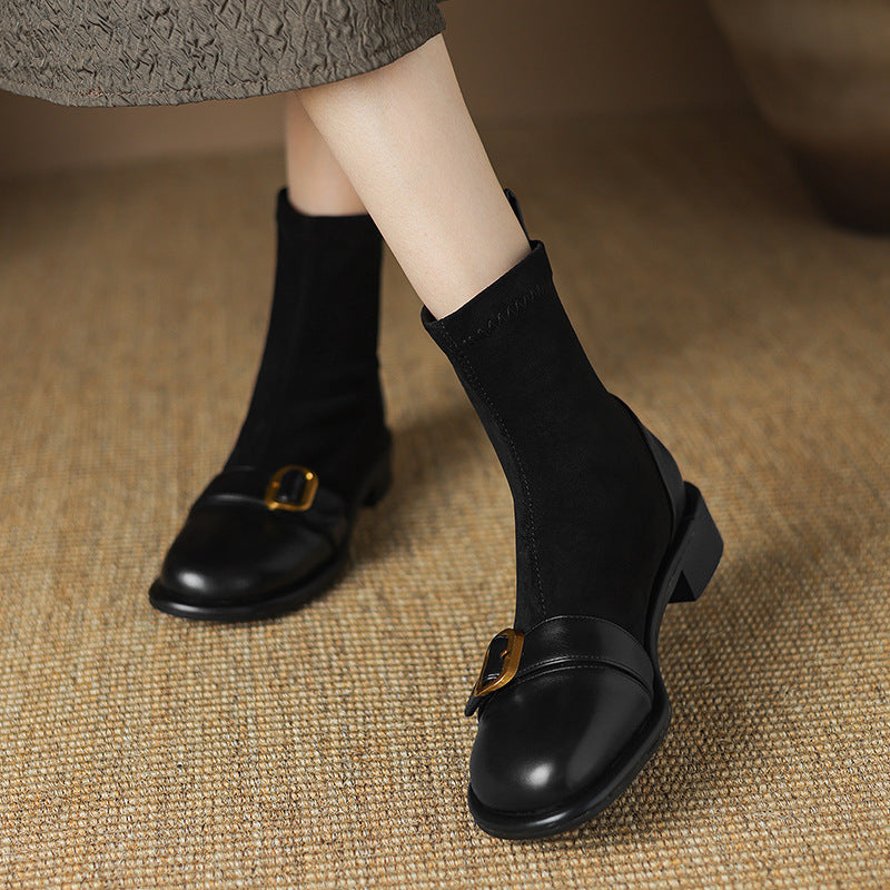 Casual Low Heel Martin Boots Belt Buckle Stitching Short Boots