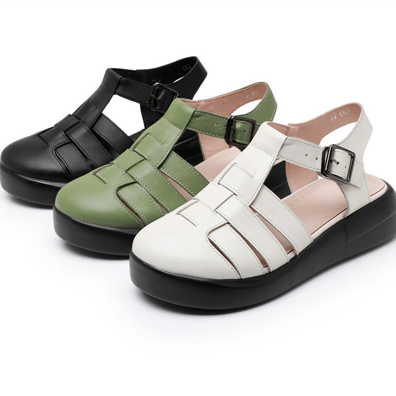 Cowhide Platform Retro Wedge Strap Roman Sandals