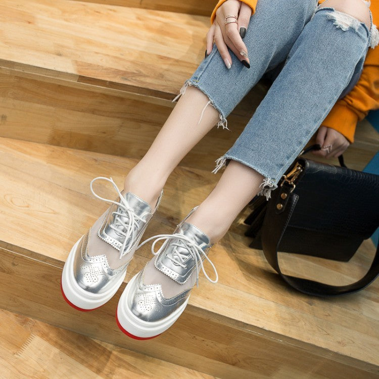 British Style Sequined Lace-up Wedge Shoes