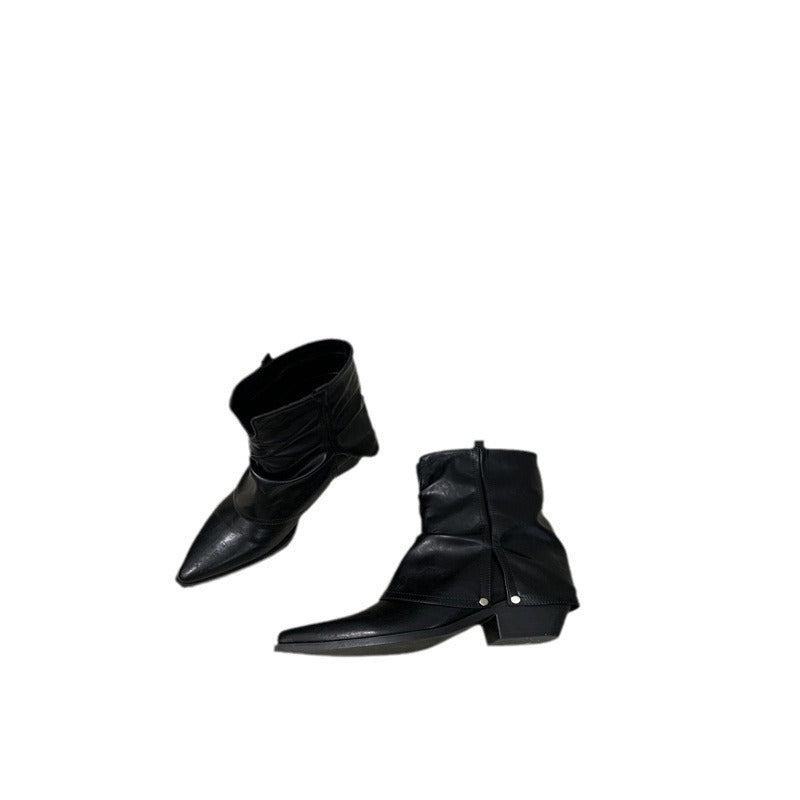 Chunky Heel Pointed Pants Fried Street Small Women's Western Denim Boots
