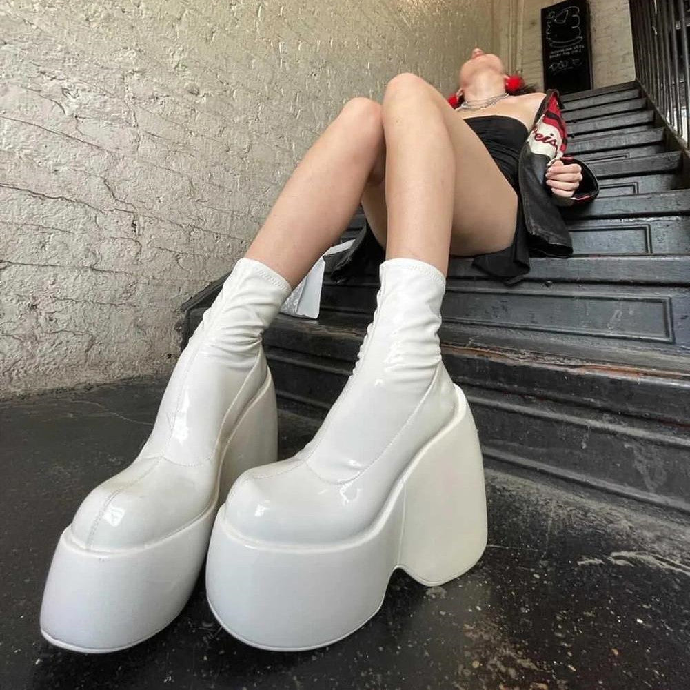Women's Fashion Platform Muffin Heel Square Toe Casual Side Zipper Booties