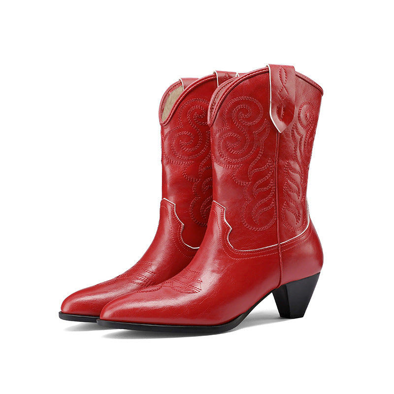 Fashion Embroidery High-heeled High Top Western Ankle Boots