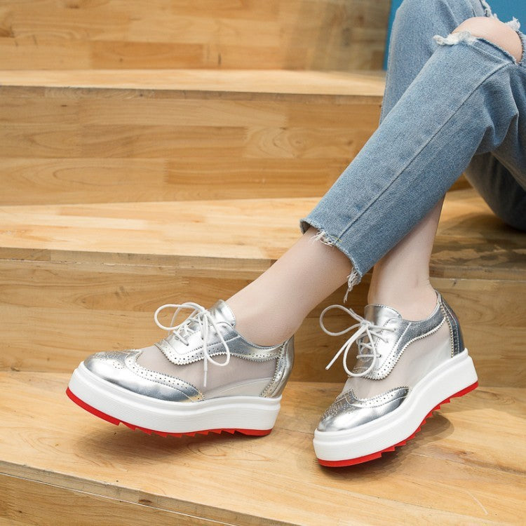 British Style Sequined Lace-up Wedge Shoes