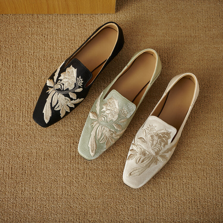 Embroidery Low-cut Flat Pumps Women's Soft Bottom