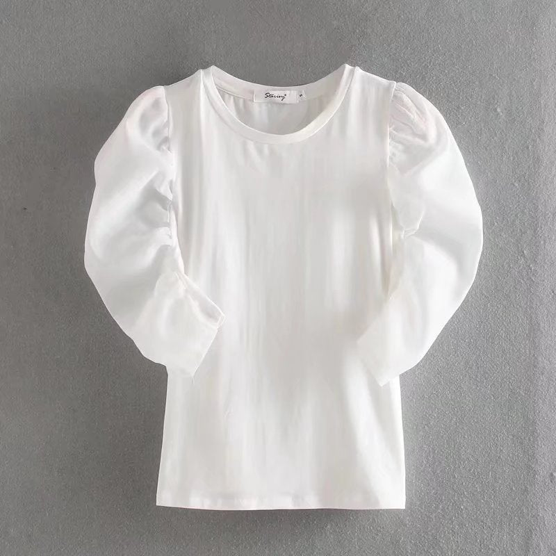 Elegant round Neck Puff Sleeve Half Sleeve Pullover Solid Color Shirt for Women