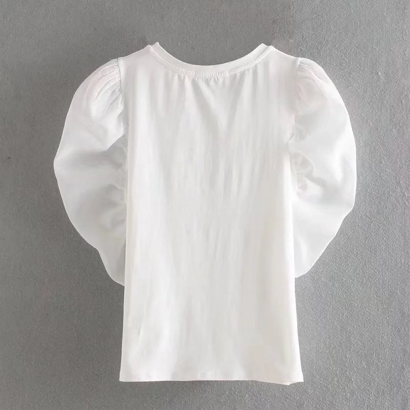 Elegant round Neck Puff Sleeve Half Sleeve Pullover Solid Color Shirt for Women