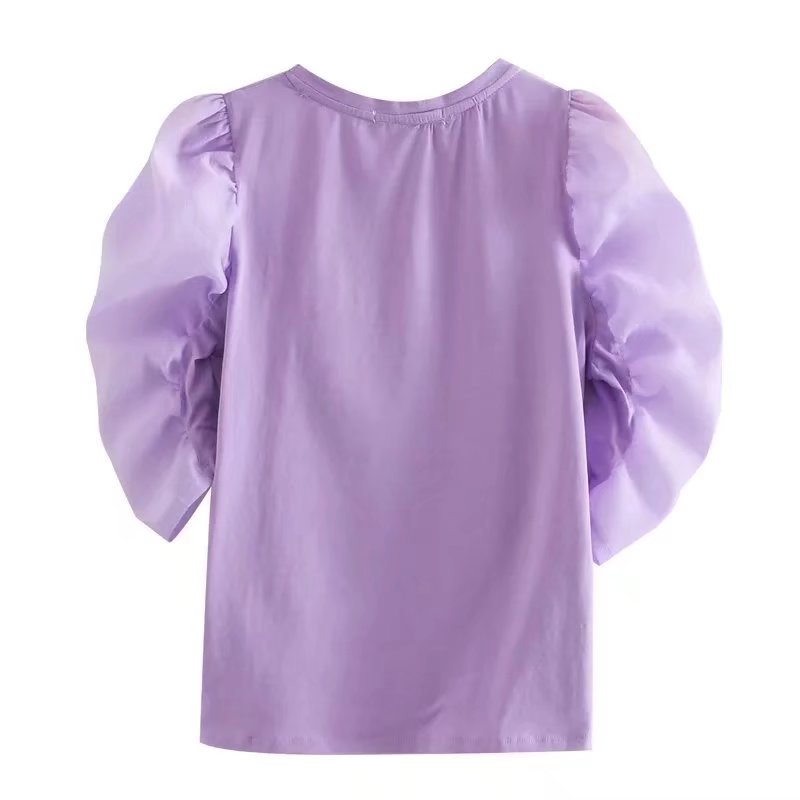 Elegant round Neck Puff Sleeve Half Sleeve Pullover Solid Color Shirt for Women
