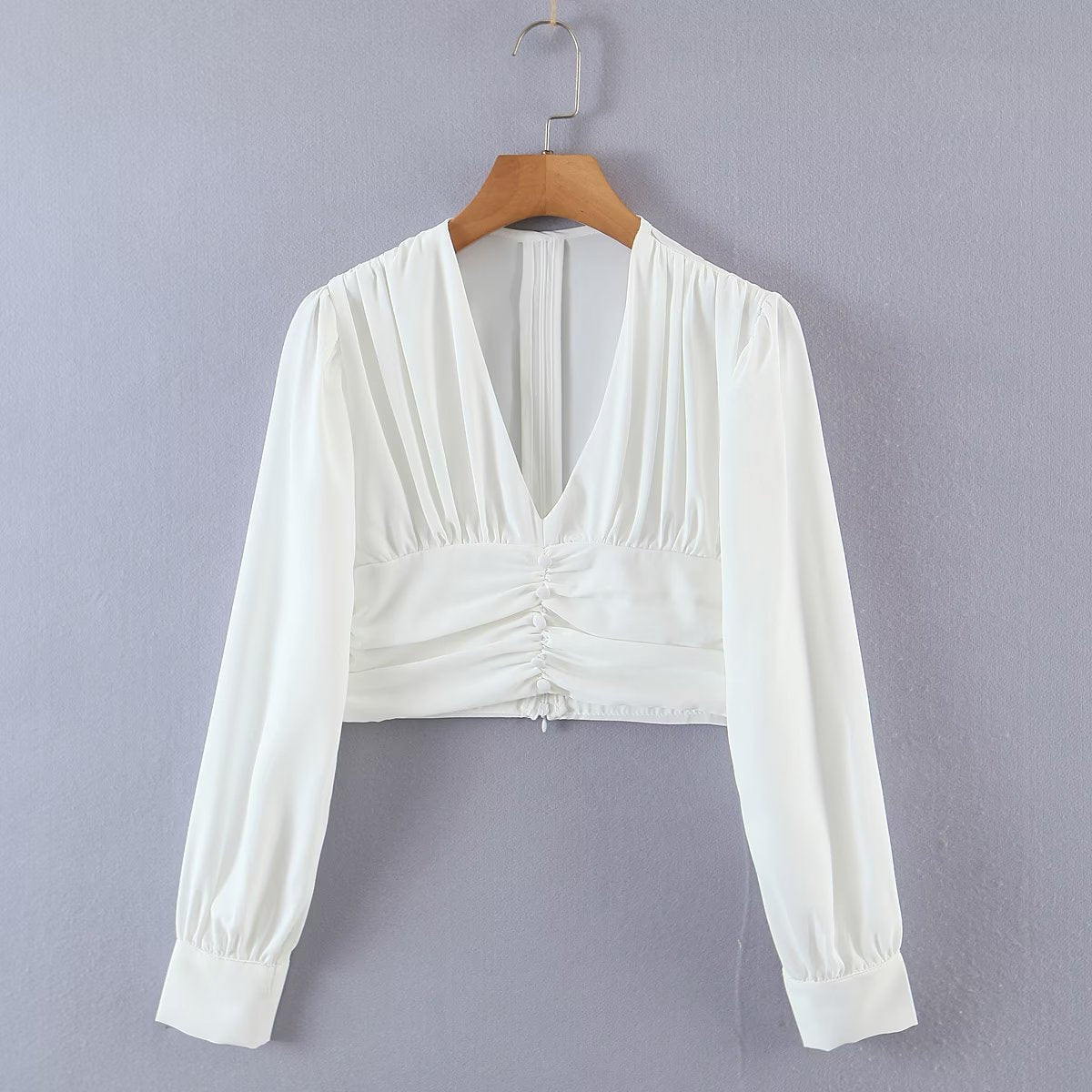 Autumn V neck Tight Waist Pleated Decorative Poplin Shirt Women