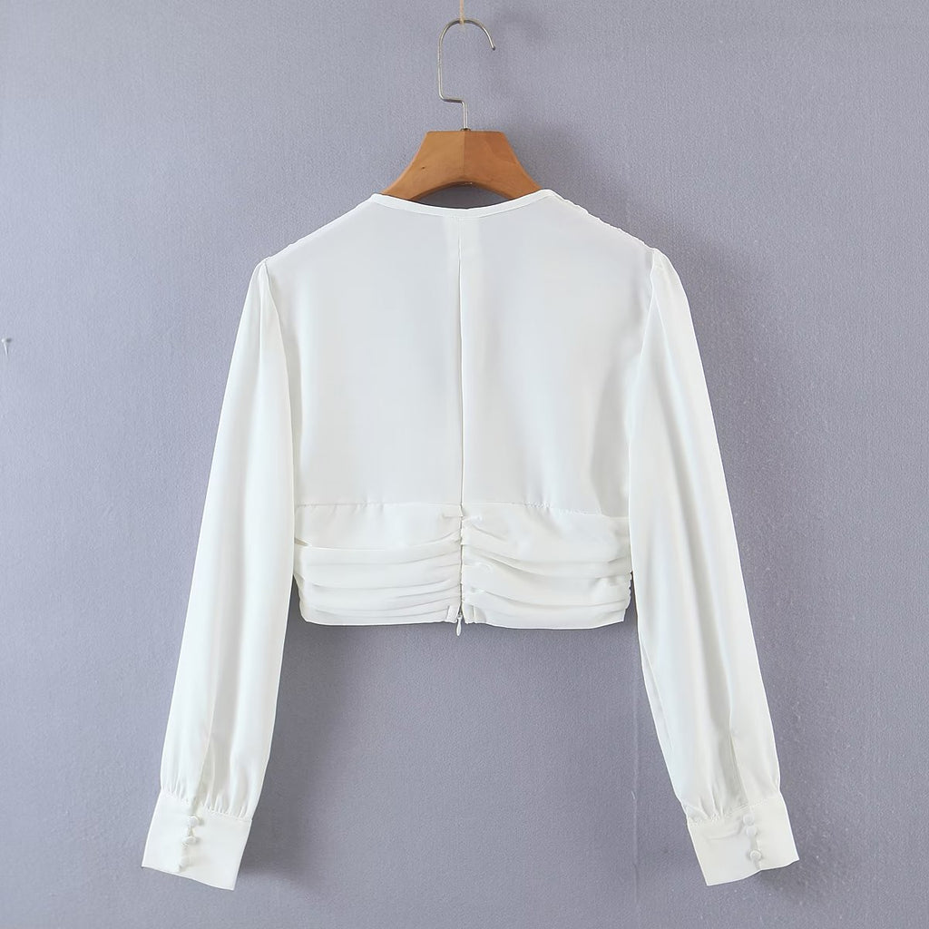 Autumn V neck Tight Waist Pleated Decorative Poplin Shirt Women