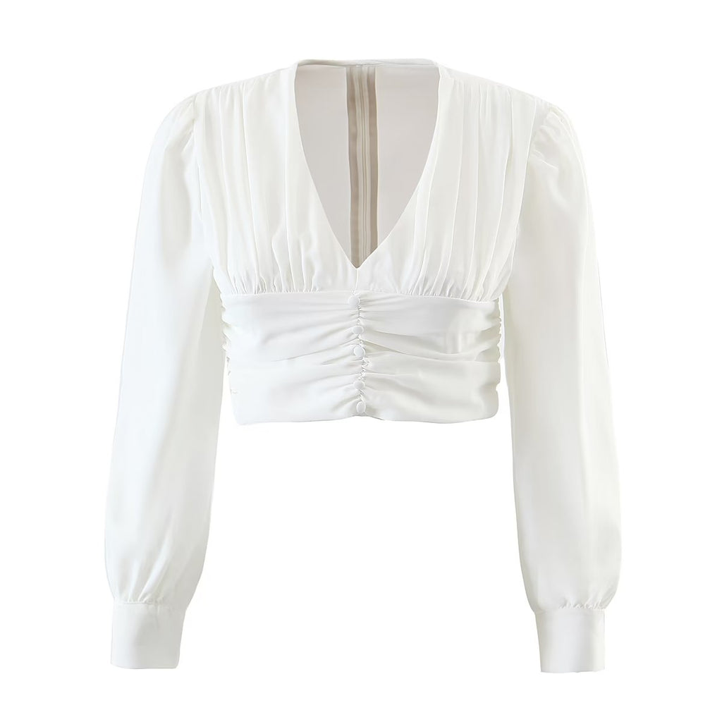 Autumn V neck Tight Waist Pleated Decorative Poplin Shirt Women