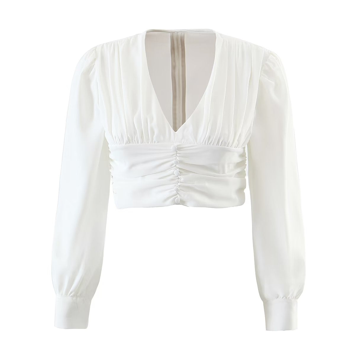 Autumn V neck Tight Waist Pleated Decorative Poplin Shirt Women