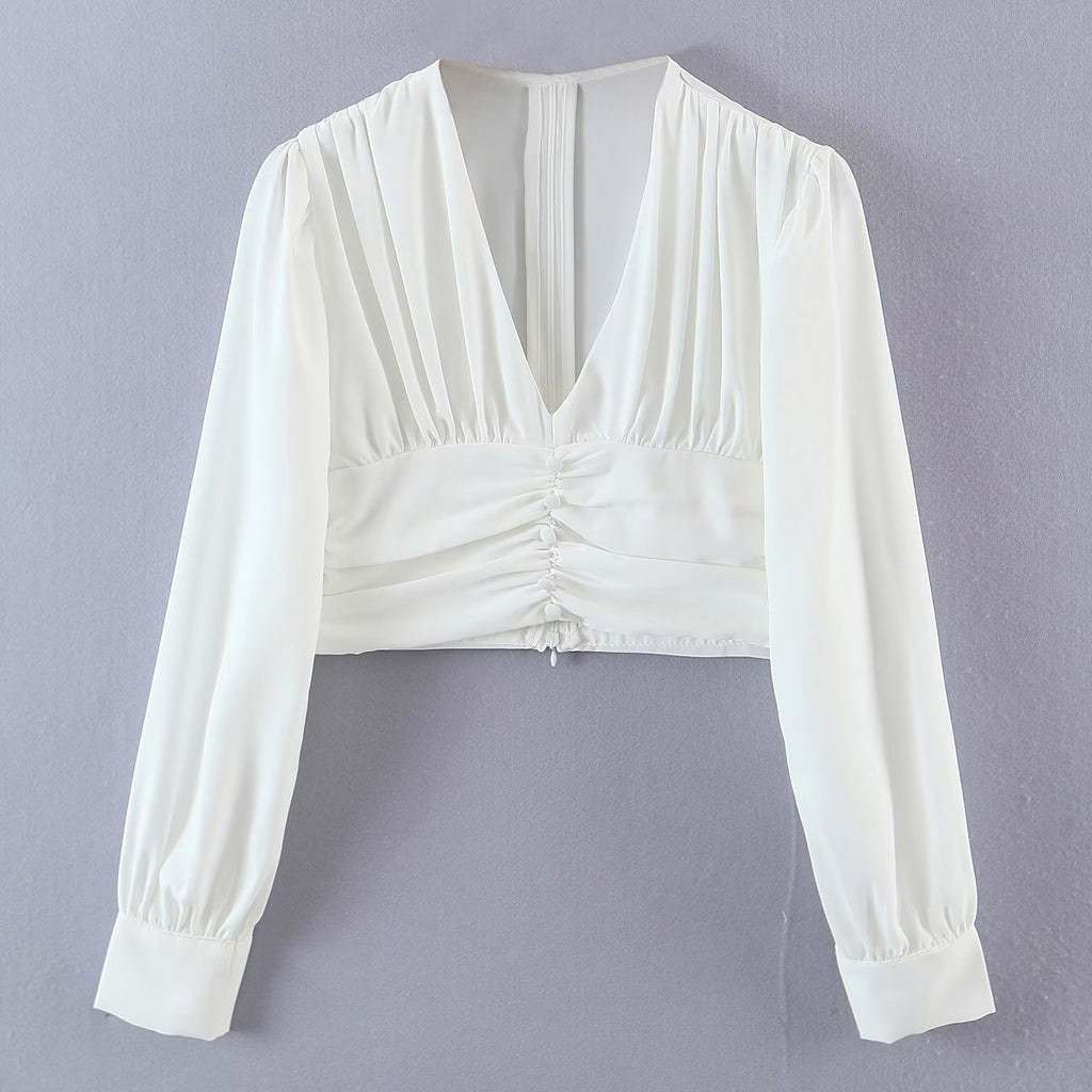 Autumn V neck Tight Waist Pleated Decorative Poplin Shirt Women