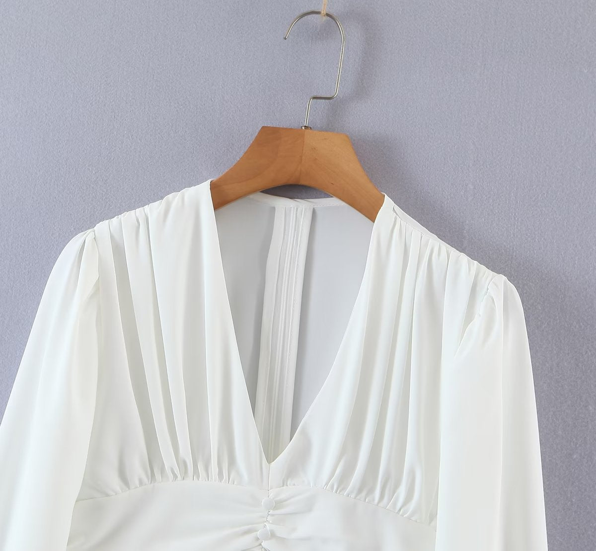 Autumn V neck Tight Waist Pleated Decorative Poplin Shirt Women