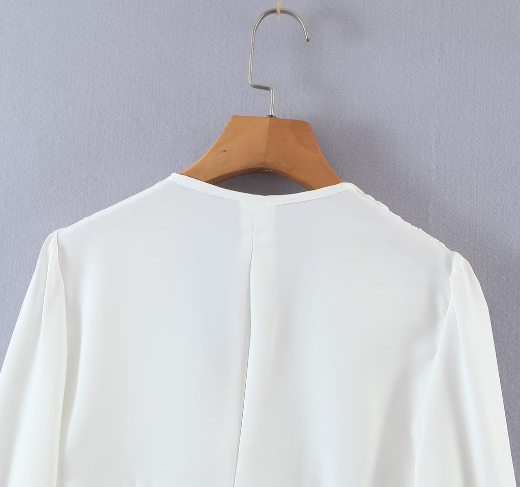 Autumn V neck Tight Waist Pleated Decorative Poplin Shirt Women