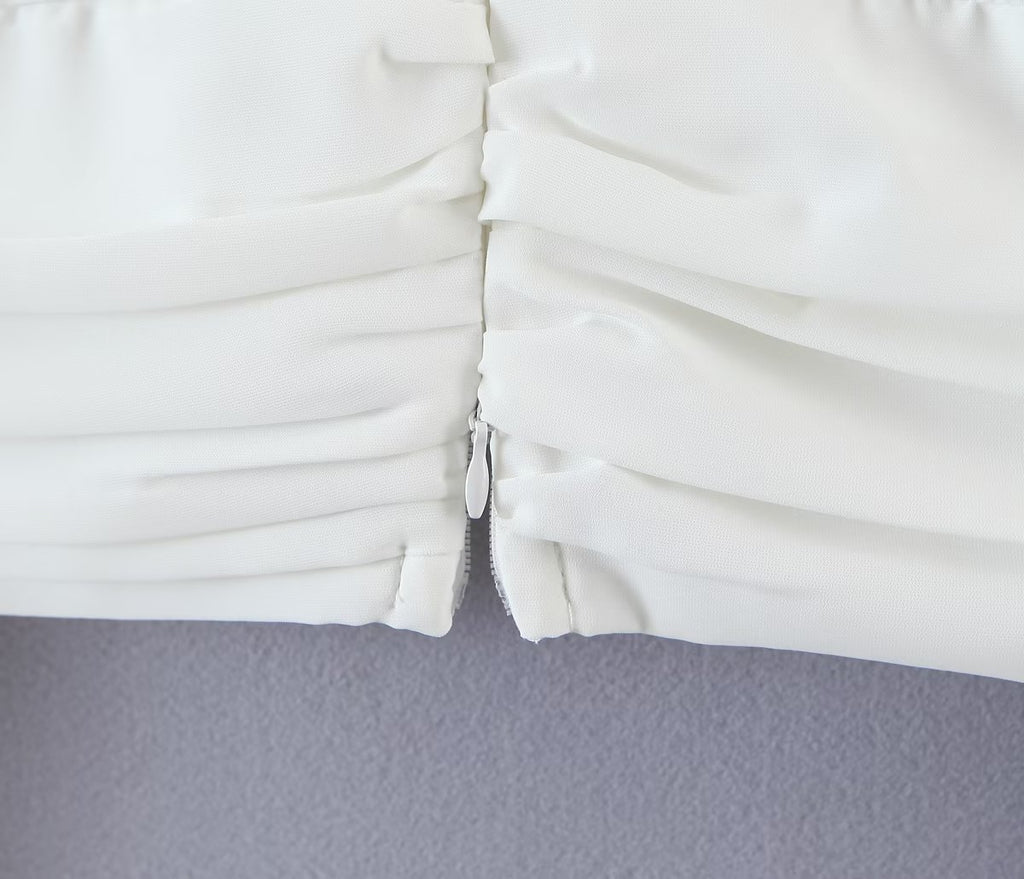 Autumn V neck Tight Waist Pleated Decorative Poplin Shirt Women