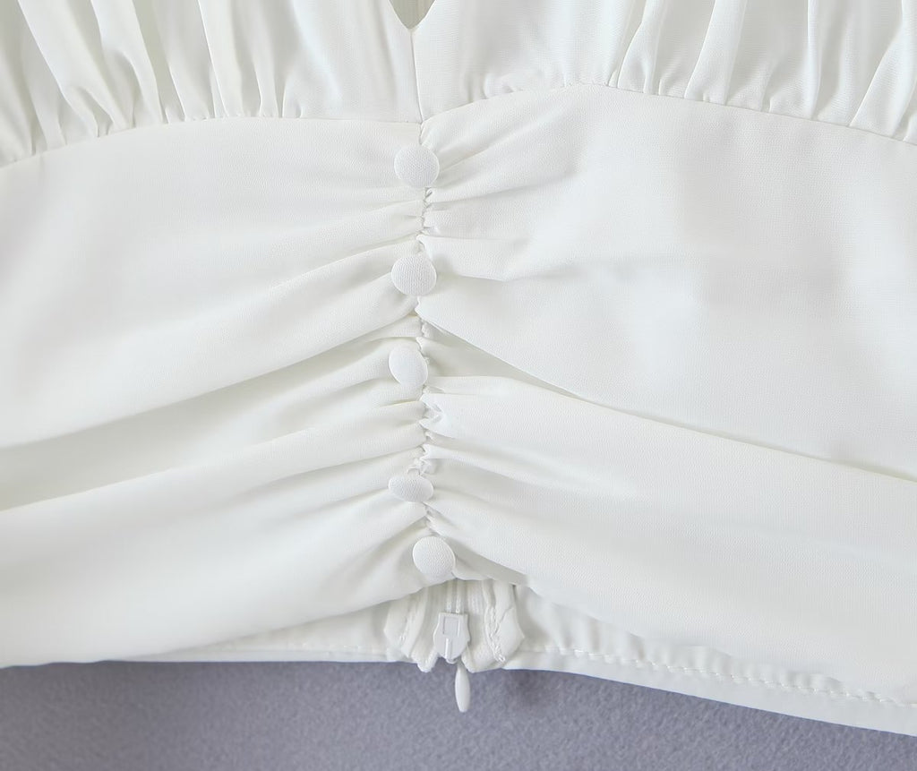 Autumn V neck Tight Waist Pleated Decorative Poplin Shirt Women