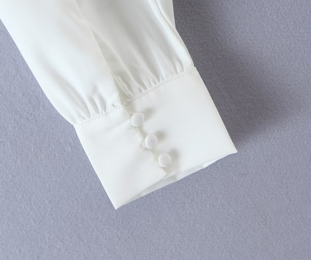 Autumn V neck Tight Waist Pleated Decorative Poplin Shirt Women