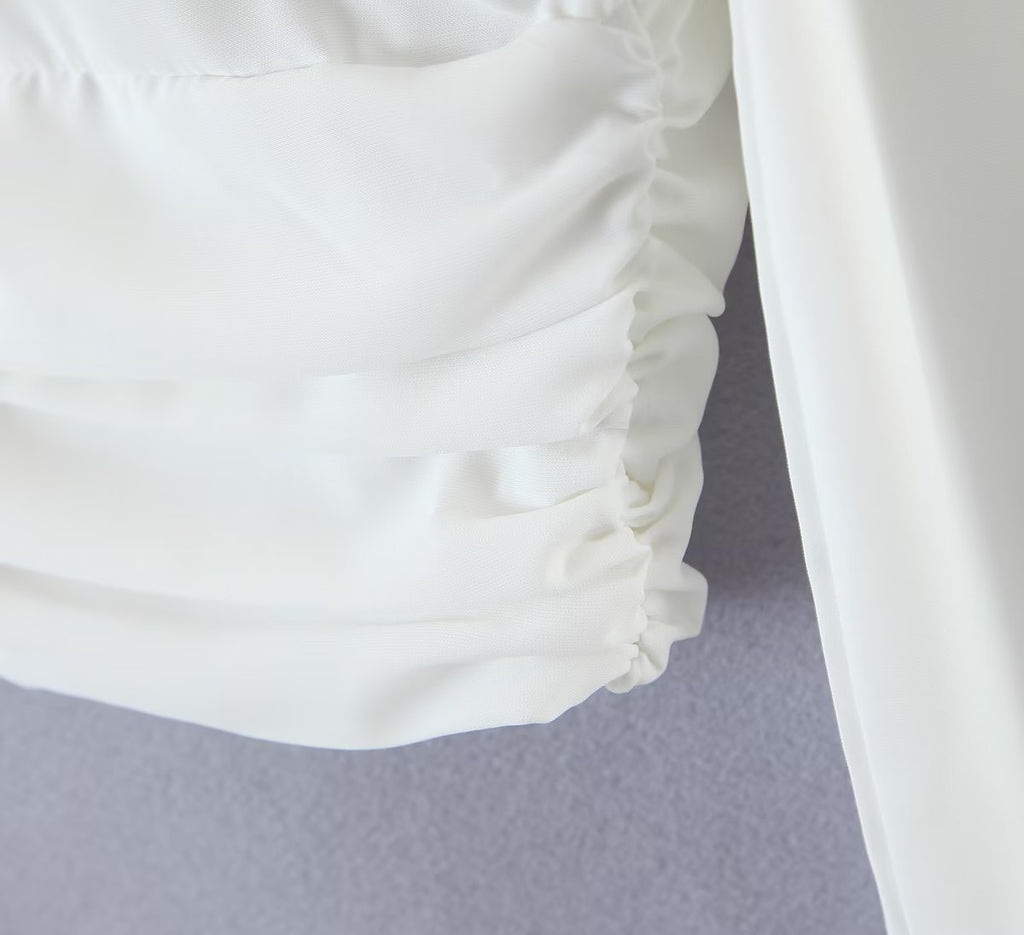 Autumn V neck Tight Waist Pleated Decorative Poplin Shirt Women