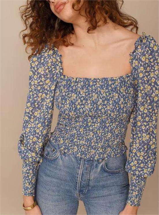 Summer Women French Vintage Floral Printed Square Collar Pleated Elastic Slim Fit Bishop Sleeves Top