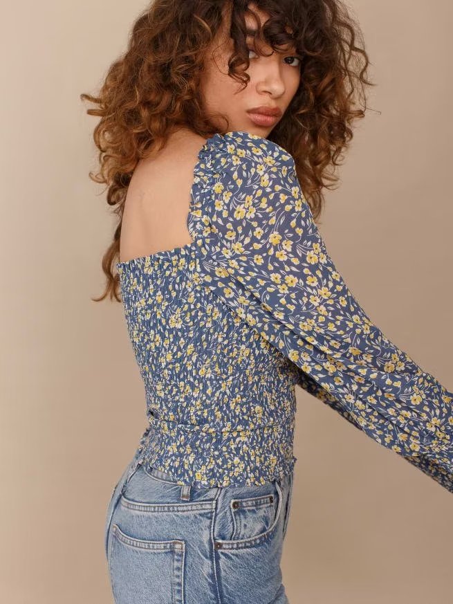 Summer Women French Vintage Floral Printed Square Collar Pleated Elastic Slim Fit Bishop Sleeves Top