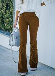 Autumn Winter Women Clothing Solid Color High Waist Slim Fit Micro Flared Pants Corduroy Elastic Waist Casual Pants