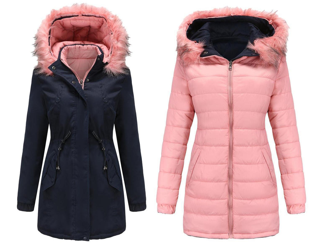 Women Cotton Padded Coat Double Sided Wear Detachable Fur Collar Detachable Hat Quilted Parka Women