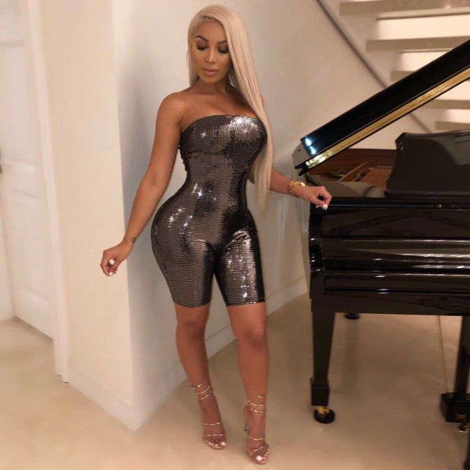 Mono sexy de fiesta con escote tipo bandeau, cremallera, corte ajustado, de tela artesanal, sin espalda