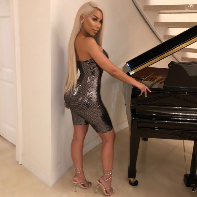 Mono sexy de fiesta con escote tipo bandeau, cremallera, corte ajustado, de tela artesanal, sin espalda