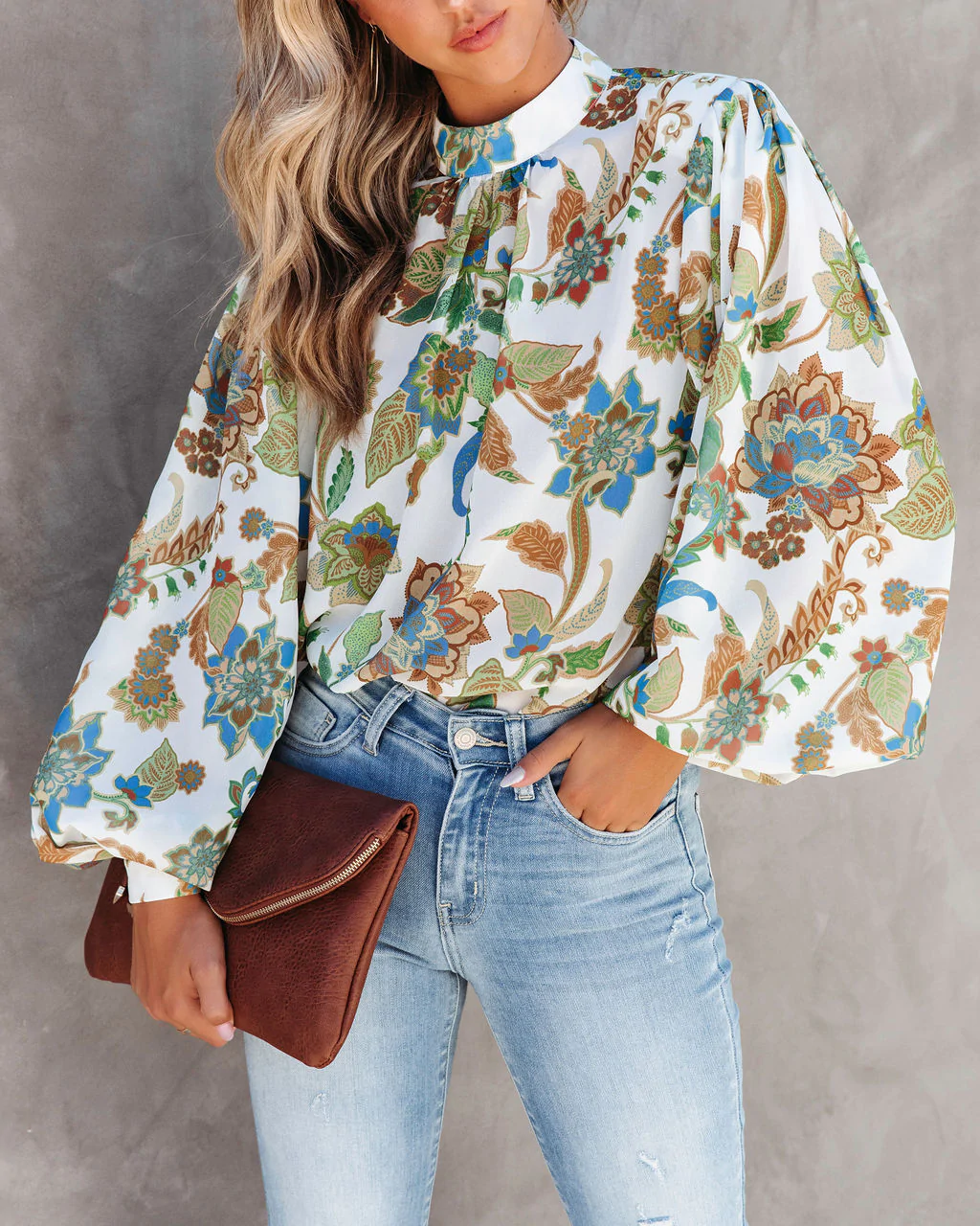 Women Summer Vacation New Women Printed Collar Lantern Sleeve Long Sleeve Shirts